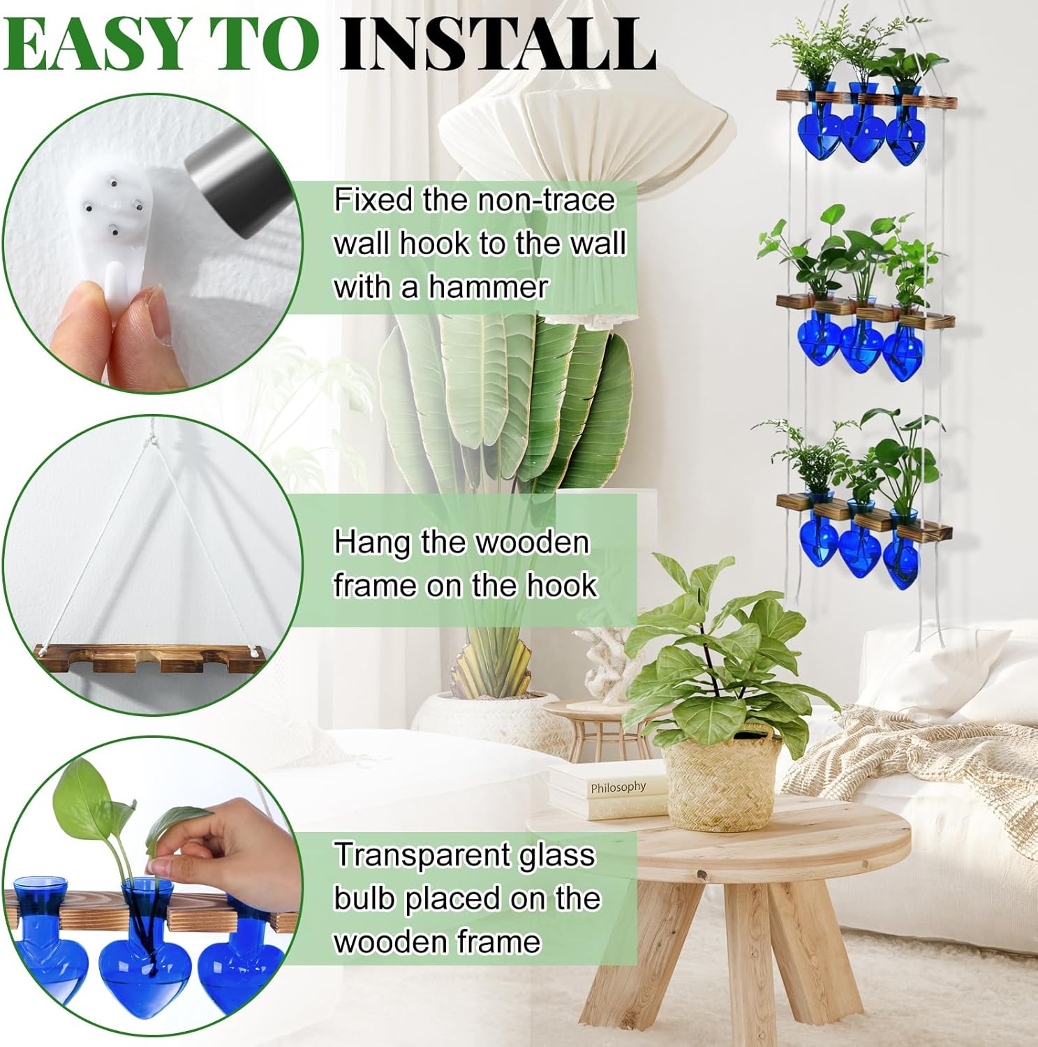 Leinuosen Plant Hanging Propagation Station Wall Hanging Planters Terrarium with 3 Tiered Wooden Stands for Home Garden Decor Hydroponics Plant Lovers Gifts- 9 Glass Vases (Heart Shaped,Blue)