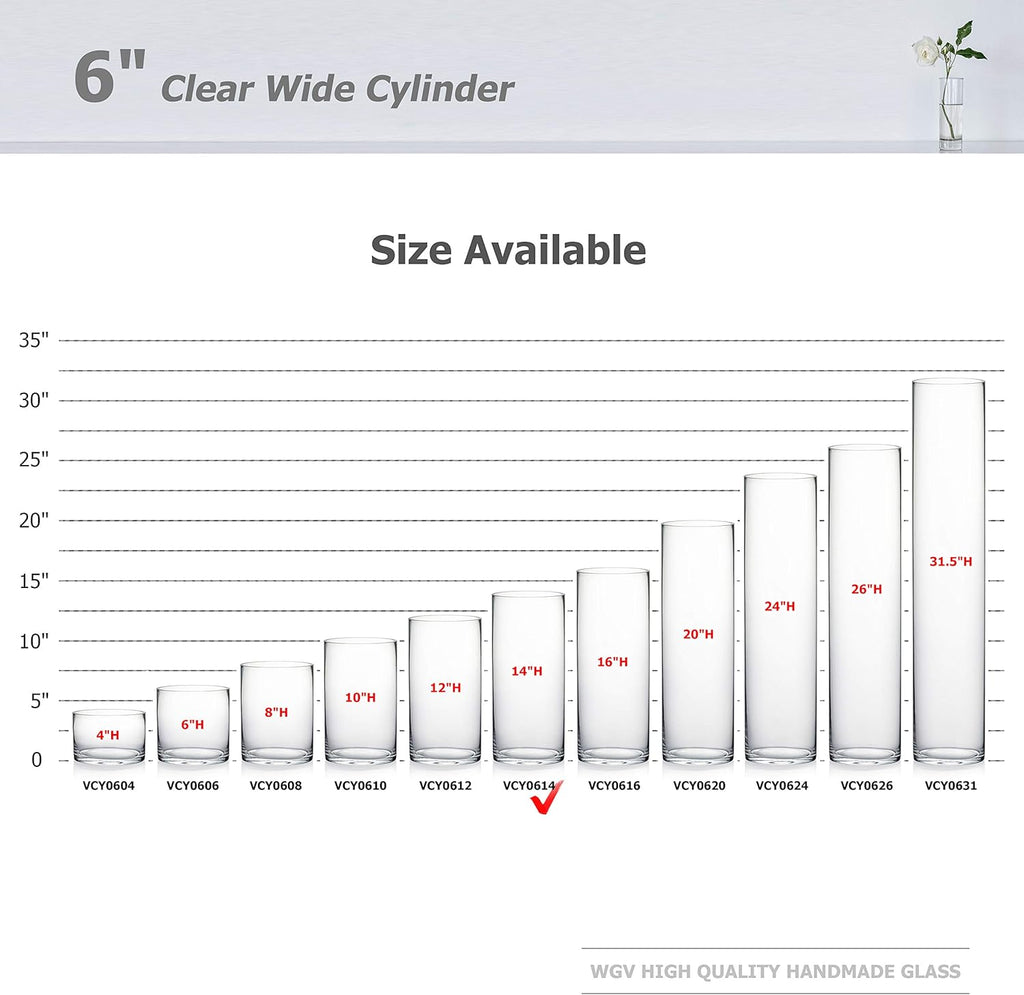WGV Cylinder Vase Bulk, Width 6", Height 14", Clear Glass Container Terrarium Candle Holder for Wedding Centerpiece, Party Event, Home Decor, 6 Pieces