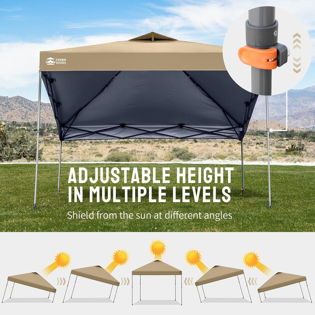 CROWN SHADES Adjustable Height on The Fly, 10x10 Pop Up Canopy - Beach Tent with One Push Setup - Easy Outdoor Sun Shade for Events, Parties, Camping - Outside Shade with STO-N-Go Bag, Khaki