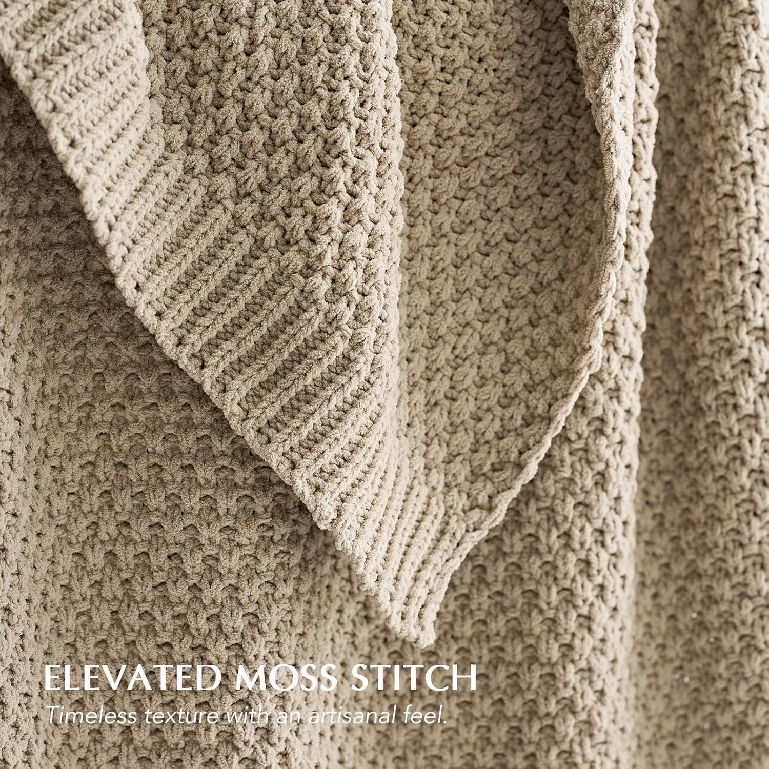 EVERGRACEHOME Chunky Chenille Knit Throw Blanket for Couch, Soft Luxurious Moss Stitch Blankets for Bed, Cozy Decorative Farmhouse Knitted Throws for Sofa, Sand Dune, 50" x 60"