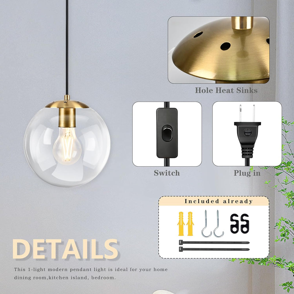 KoKo&Yukina 8" Globe Pendant Light Gold Plug in Pendant Light Adjustable Hanging Lights with Plug in Cord Brushed Gold Finished with Clear Glass Lampshade for Bedroom Kitchen Island（Bulb Included）