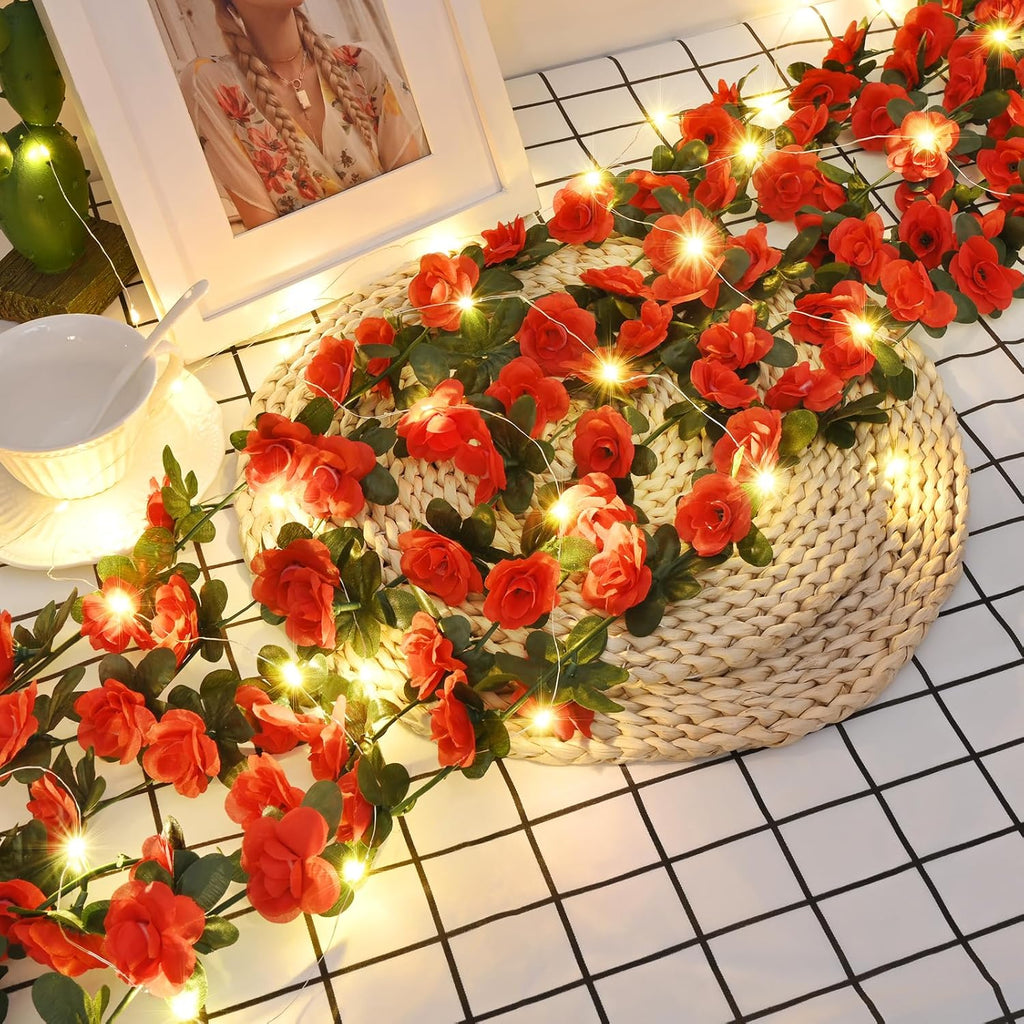 BLEUM CADE 5Pcs 41Ft Flower Garland Artificial Rose Vines with 32.8Ft String Lights, Cute Fake Hanging Flower Vines Floral Garland Decorations for Wedding Party Wall Room Decor Aesthetic
