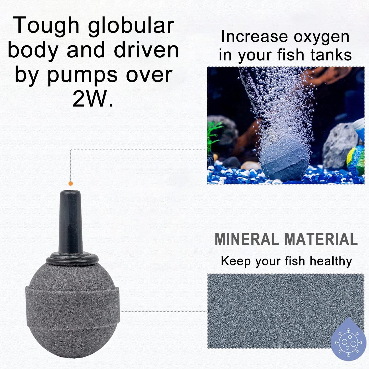 Air Stone Bubble Diffuser Ball - for Aquarium Air Pump and Fish Tanks, Gray, Pack of 10pcs