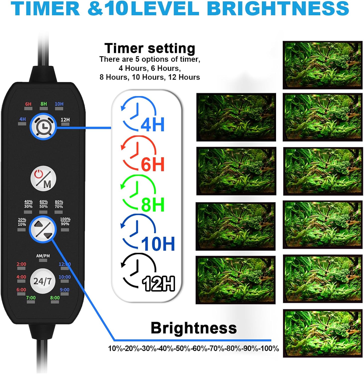 SEAOURA 24/7 Mode Led Aquarium Light for Plants Growth-Full Spectrum Fish Tank Light with Timer, Auto On/Off, 7 Colors, Adjustable Brightness, 14W for 12 to 18 Inch Freshwater Tank