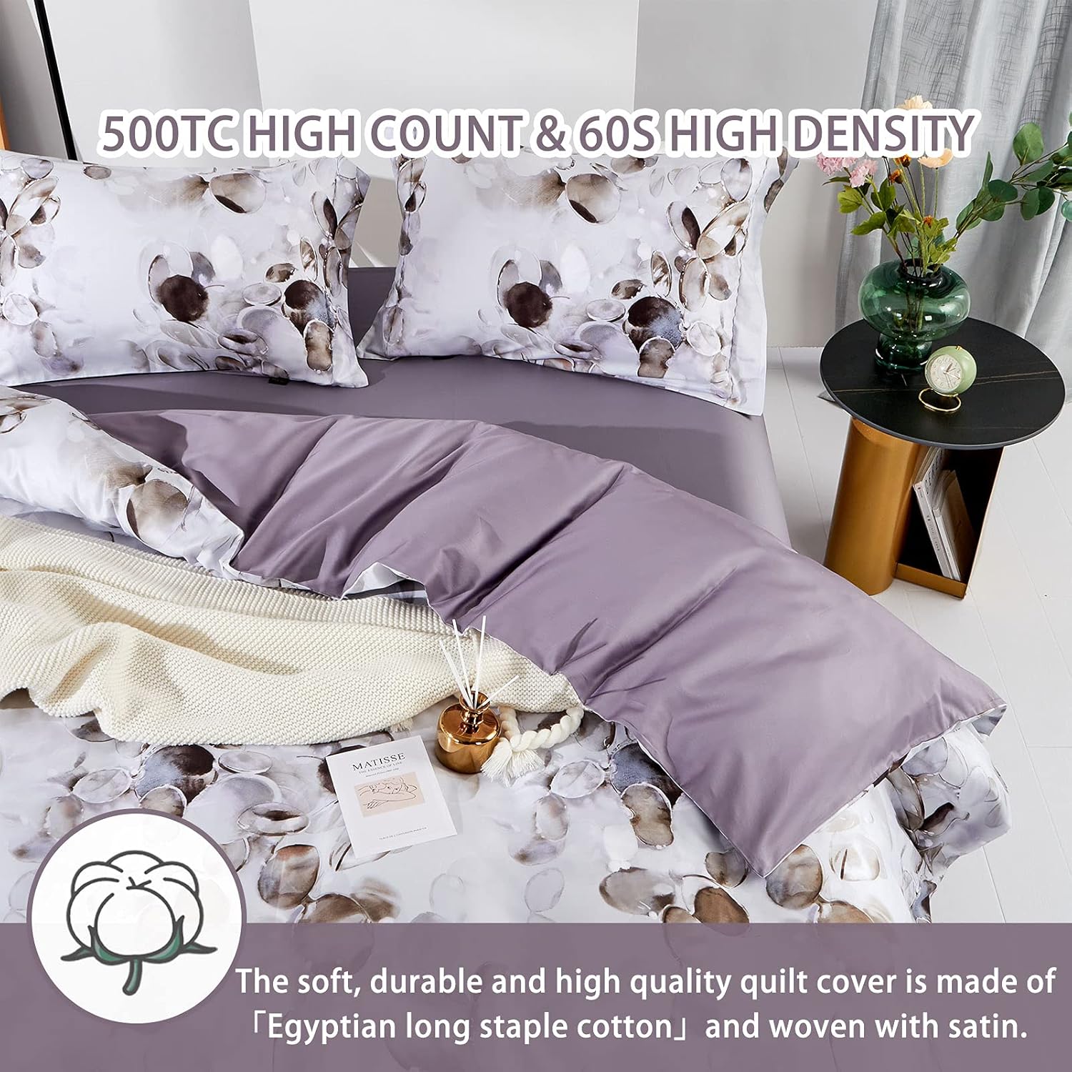 MILDLY Duvet Cover Full Size 100% Long-Staple Cotton Soft & Breathable Cobblestone Watercolor Painting Abstract Comforter Cover Set 500TC