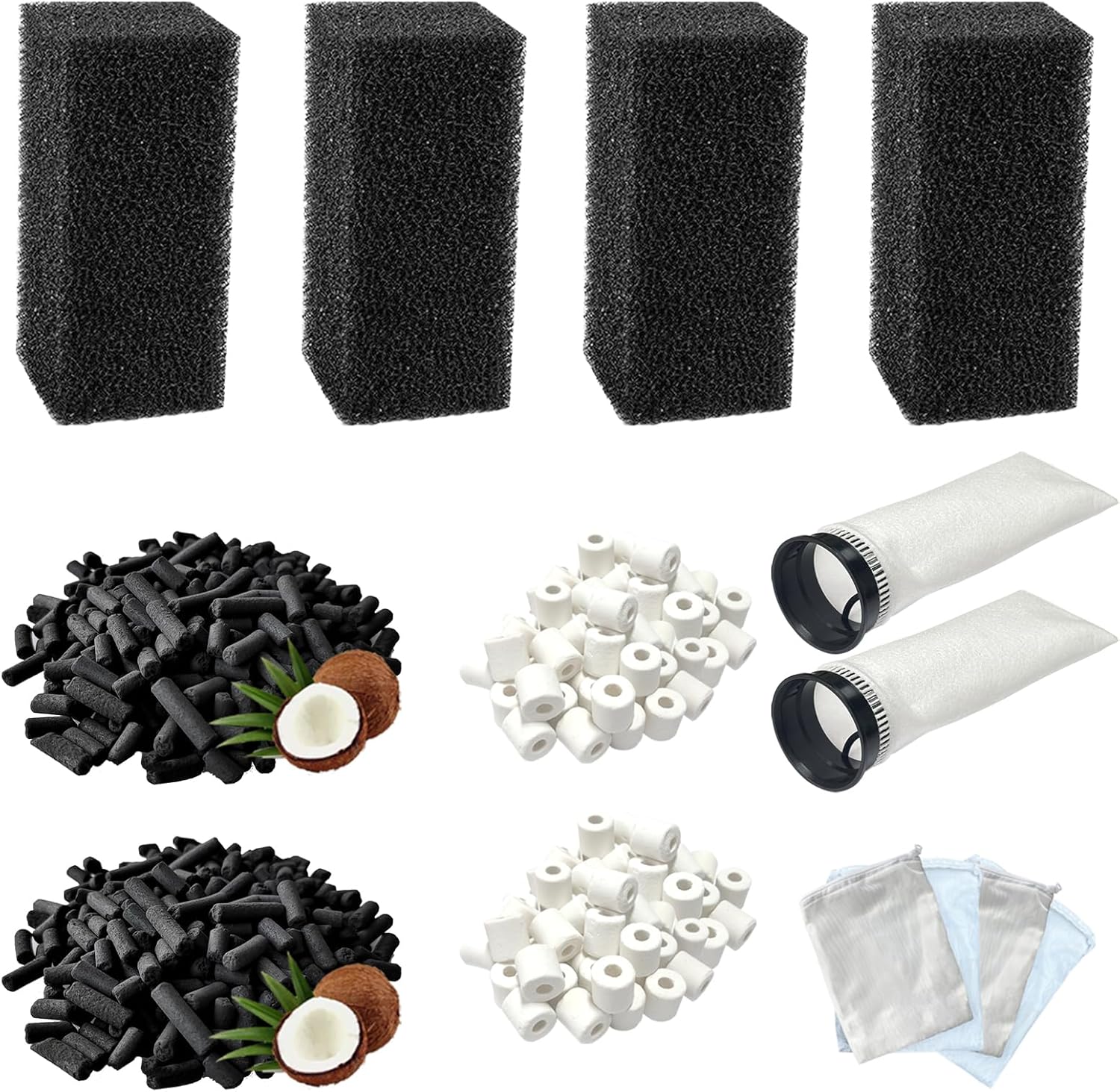 14-Pack Set Aquarium Filter Media Compatible with Waterbox AIO 10 Cube and AIO 15 Peninsula Aquarium Filter, Includes Filter Socks, Carbon Pellets, Ceramic Rings, Sponge Filters and Mesh Bags