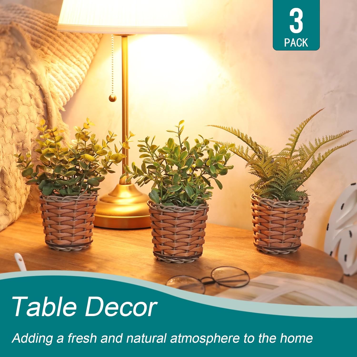 Small Fake Plants, 3 Pack Mini Potted Artificial Fern, Eucalyptus, Aglaia Odorata Plant in Rattan Pots, for Farmhouse, Home Decor, Office, Bathroom, Desk, Indoor & Outdoor