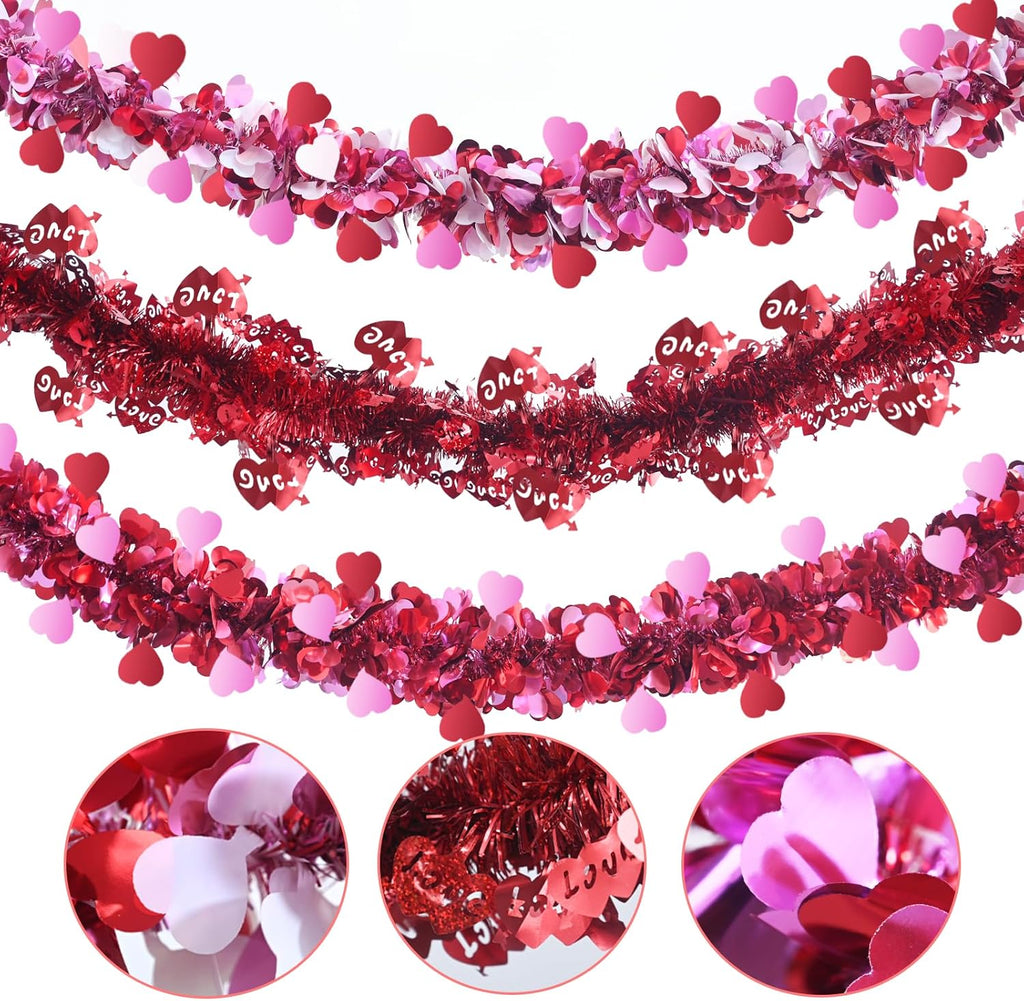 Meag-L 3 Pcs Valentine Garland Tree Decorations Valentine's Day Decors Heart Metallic Tinsel Garlands 29.5Ft Total for Mantle Birthday Anniversary Wreath Indoor Supplies Wedding Party (Red Pink White)
