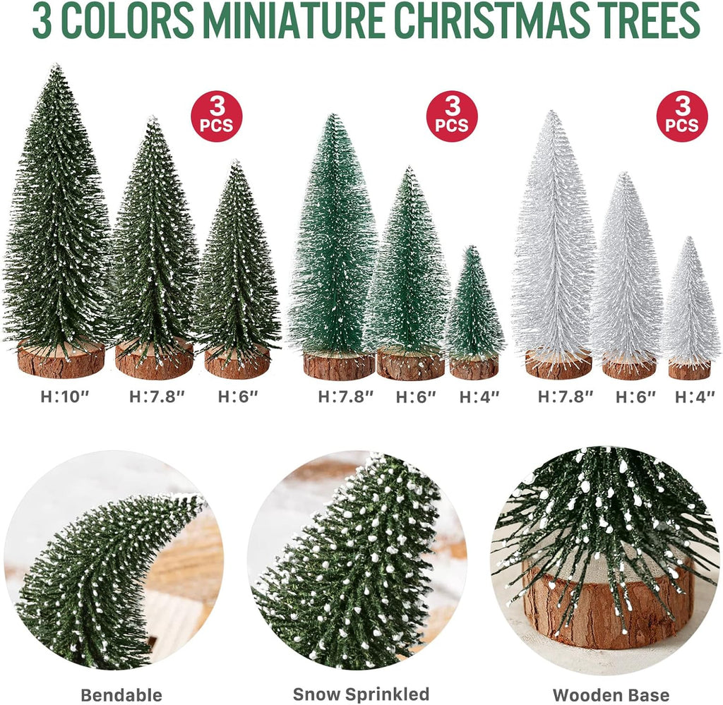 9Pcs Mini Christmas Trees Christmas Decor Artificial Christmas Decorations with 4 Sizes, Christmas Tree Bottle Brush Trees Christmas Table Decorations (Green Silver)