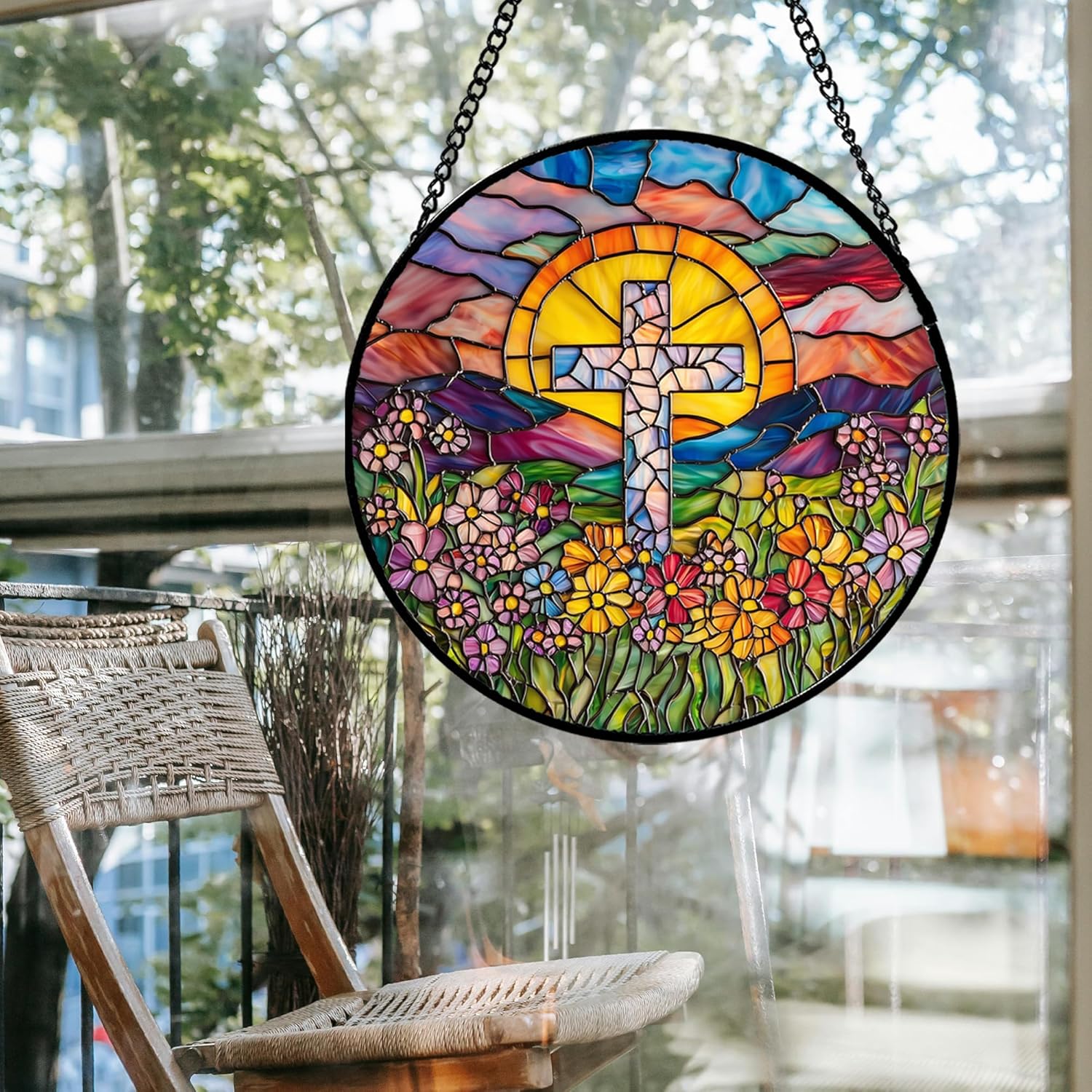 Stained Glass Window Hanging - Cross Flower Sea Sun Catcher for Door Terrace Garden Home Decor, Mountains Landscape Suncatcher Birthday Gifts for Lovers Women Men Dad Mom Nana 9.8 in