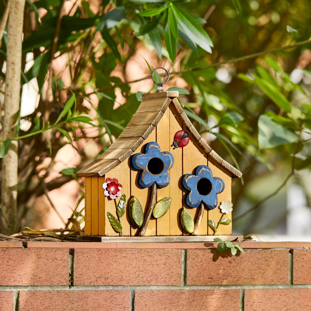 Glitzhome 10.75" L Distressed Solid Wood Hanging Birdhouse with 3D Flowers Rustic Two-Story Townhouse Hand-Painted Garden Bird Houses for Outdoors,Washed Yellow