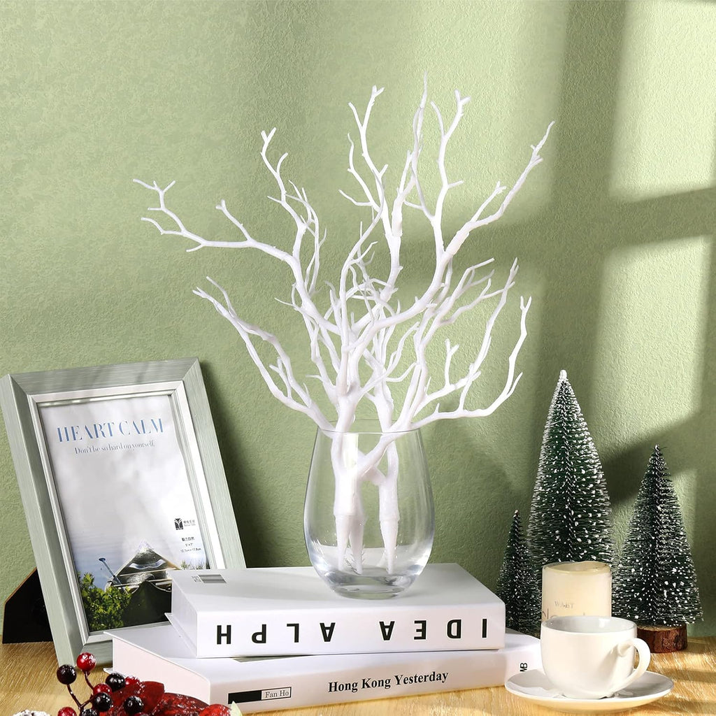 Geosar 13.8 Inch Small Manzanita Branches Plastic Faux Branches Artificial Antler Shaped Tree Branch Decorative Plant Twigs for Home Wedding Table Centerpiece Festival Decors(White,20 Pieces)