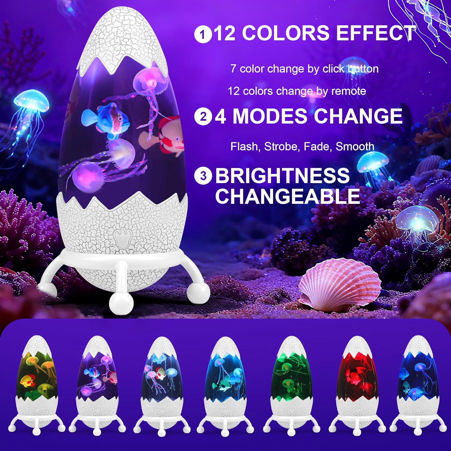 Dinosaur Egg Night Light-Glowing Jellyfish & Fish Table Lamp with Cracked Design,USB Powered Jumbo Dinosaur Egg Jelly Fish Light with Remote Control for Kids Room Decor,Gift for Boys Girls