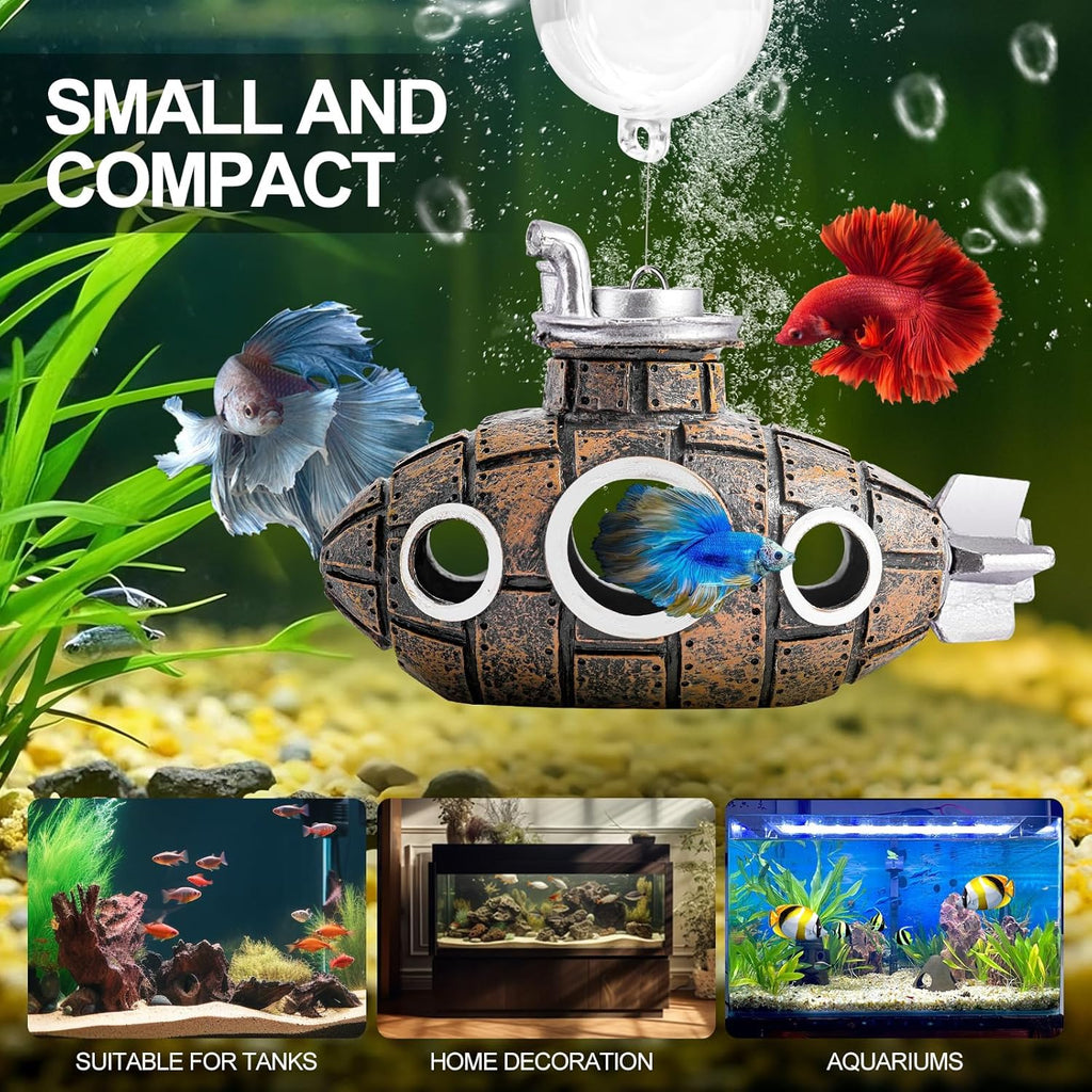 CousDUoBe New Upgrade Floating Fish Tank Decoration, Cute Retro Submarine Set and Floating Diver,Three Float Balls, Aquarium Decorations Resinous Betta Fish Tank Accessories