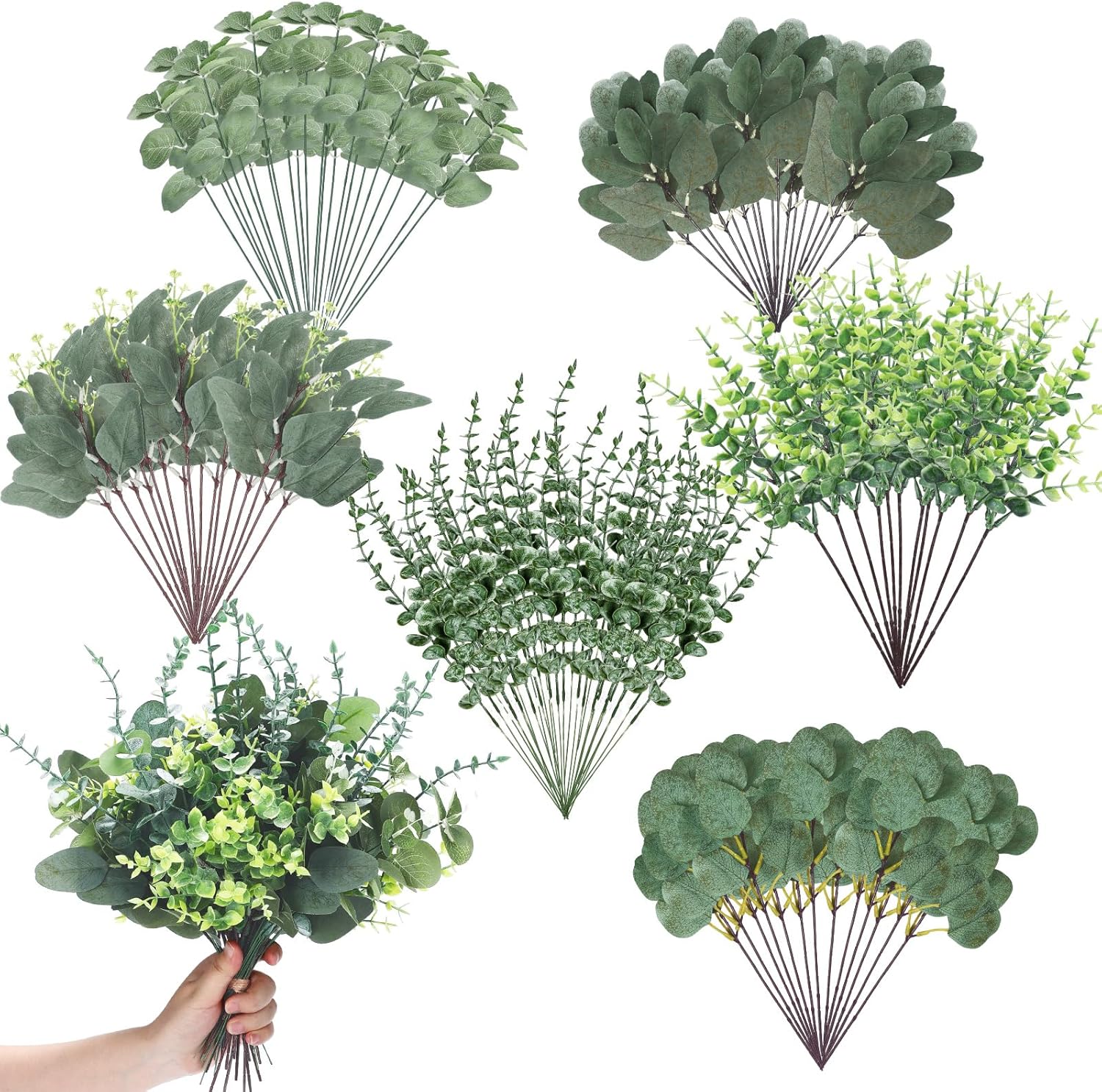 Ceenna 120 Pcs 6 Kinds Mixed Eucalyptus Leaves Stems Bulk Artificial Eucalyptus Leaves Sprays Silver Dollar Faux Greenery Picks Bundle for Wedding Vase Floral Arrangement Decor
