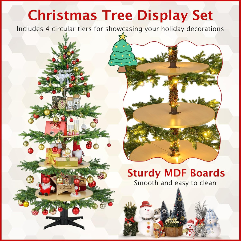 Goplus 6.4 FT Pre-Lit Rotating Christmas Tree with Display Shelves, 360° Rotatable Base, 220 Warm White & Multicolored LED Lights, 11 Modes, 280 Branch Tips, Hinged Artificial Xmas Tree for Home
