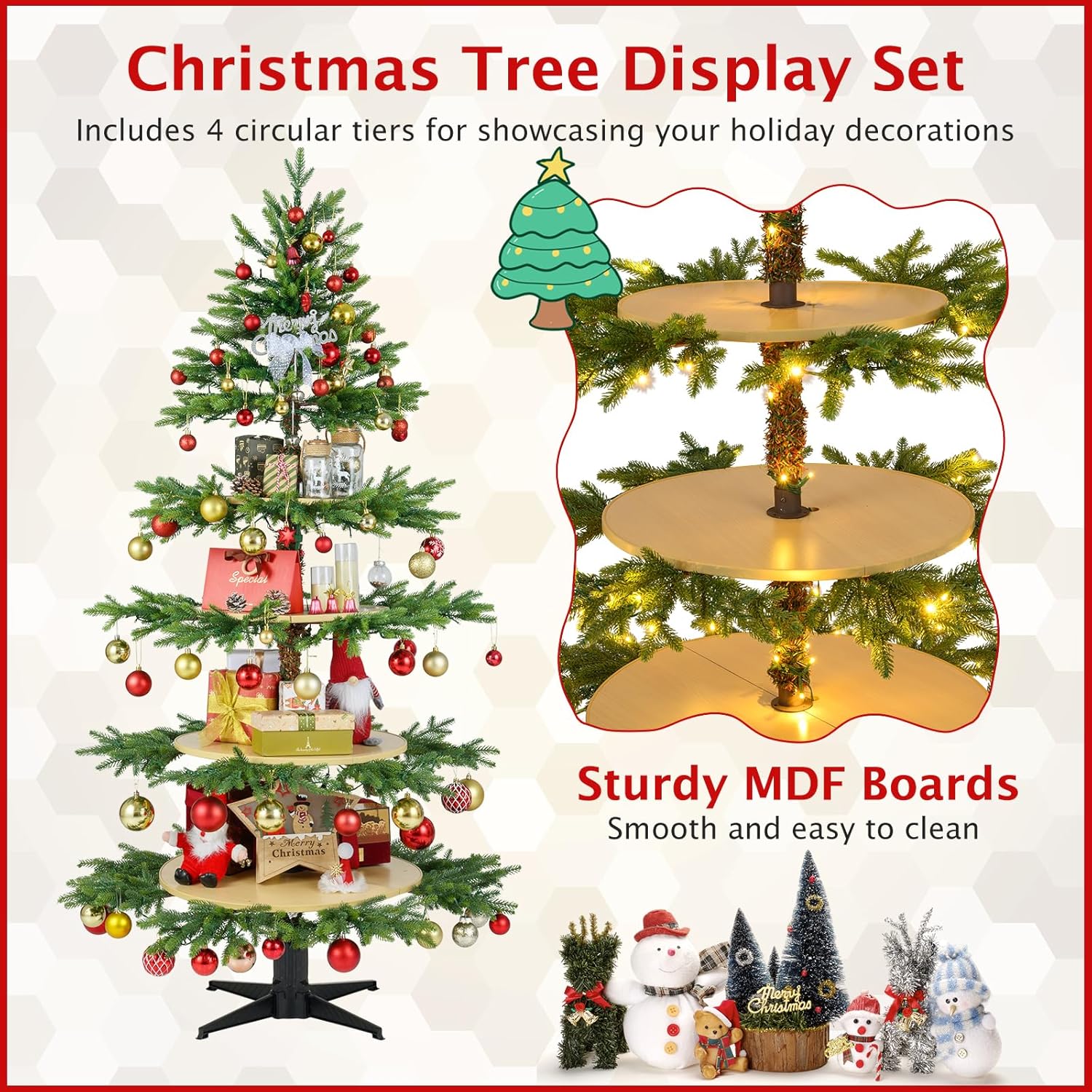 Goplus 6.4 FT Pre-Lit Rotating Christmas Tree with Display Shelves, 360° Rotatable Base, 220 Warm White & Multicolored LED Lights, 11 Modes, 280 Branch Tips, Hinged Artificial Xmas Tree for Home