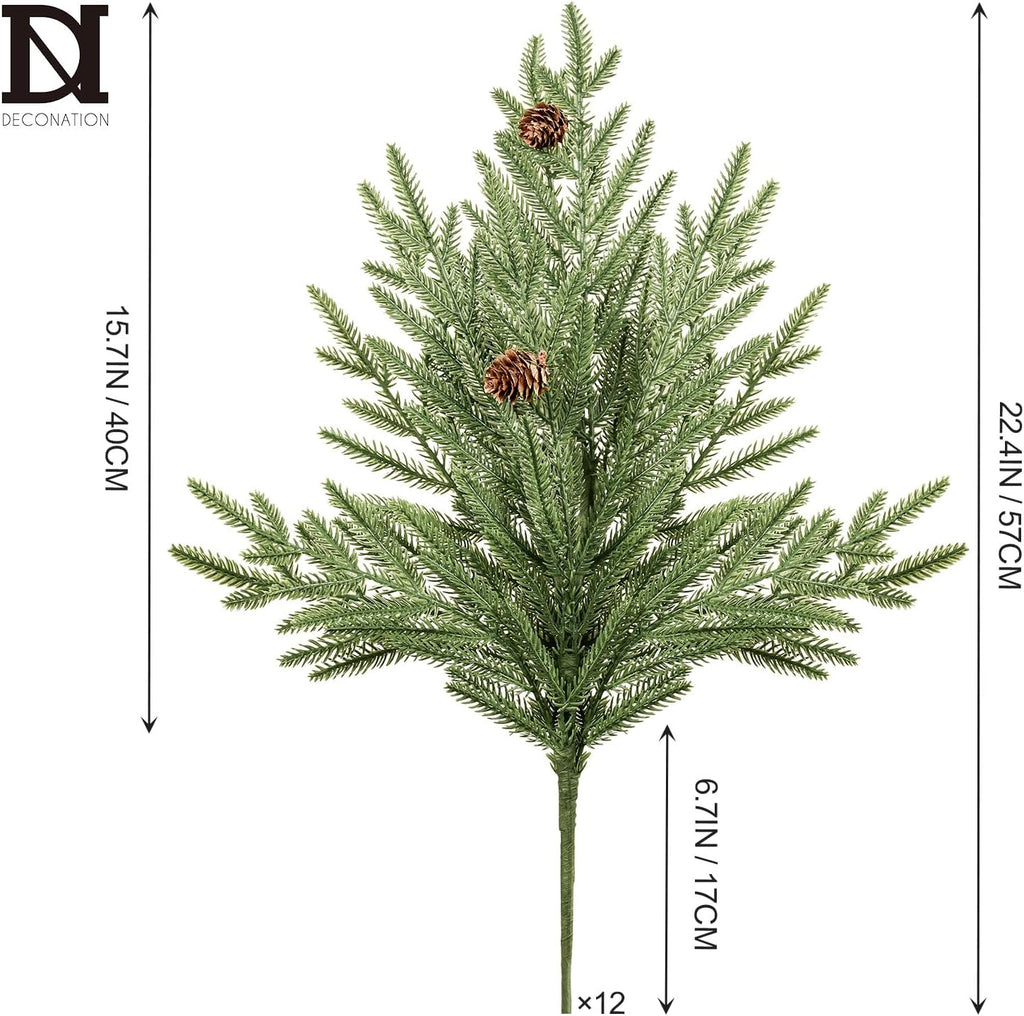 DN DECONATION Artificial Christmas Norfolk Pine Stems, Faux Pine Branches with Cones 22.4" 12PCS - Greenery Fake Pine Needles for Vase Arrangements, Winter, Holiday Indoor Outdoor Home Decor