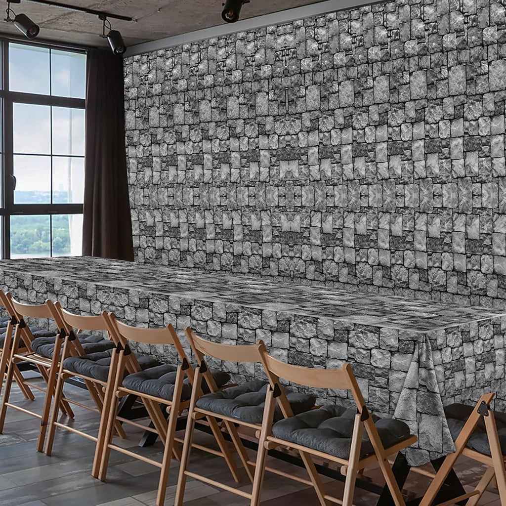 Medieval Brick Stone Wall Tablecloth Roll with Cutter Box Disposable Plastic Table Covers Castle Backdrop Grey Antique Background Knight Themed for Birthday Halloween Party (120 feet)