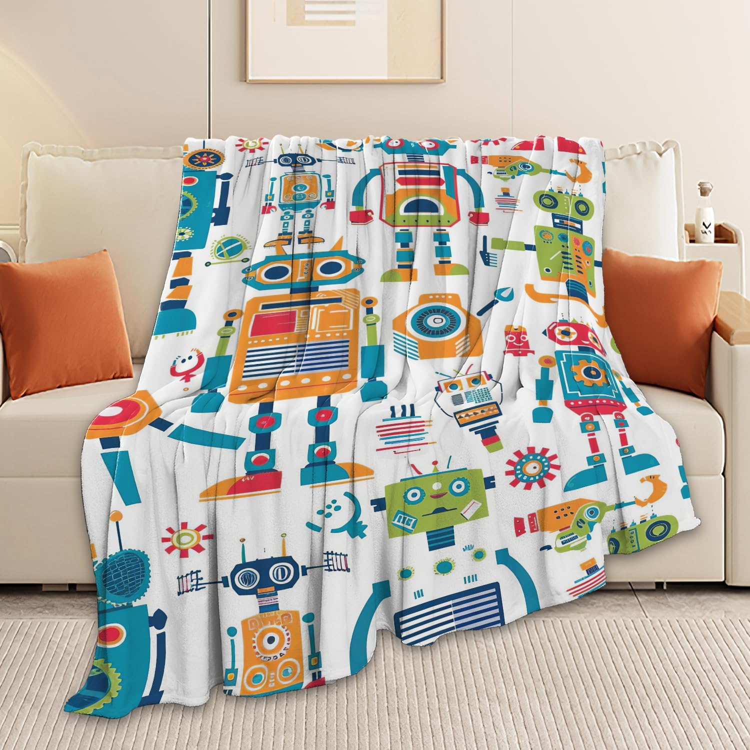 Robot Throw Blanket Cartoon Robot Machine Gifts for Kids Teens Girls Boys Adults Soft Cozy Warm Plush Fluffy Fuzzy Fleece Blanket Birthday Festival Decor 40''X50''