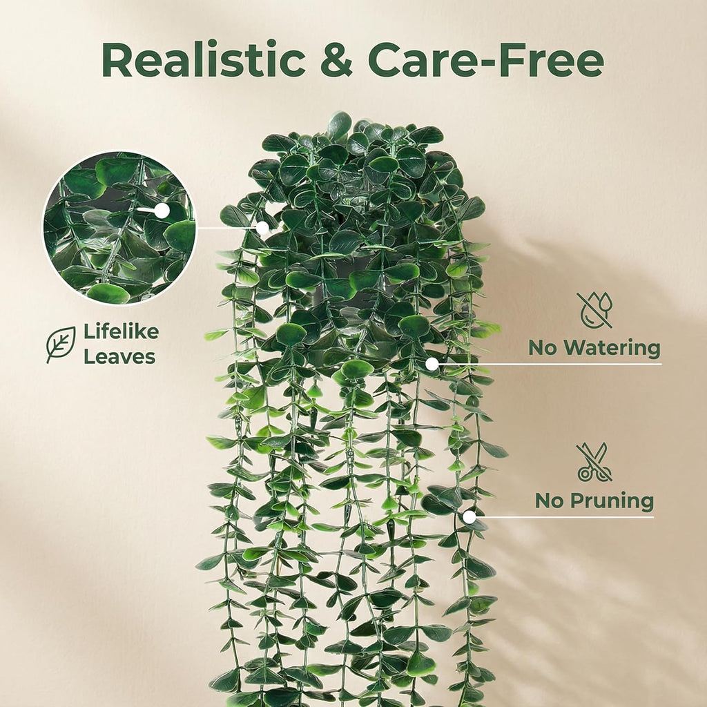 Artificial Hanging Eucalyptus Plants，Fake Plants Eucalyptus Small Decor Faux Hanging Vine Plants Wall Greenery for New Home Decoration，for Floating Shelf Indoor Outdoor Pack of 2