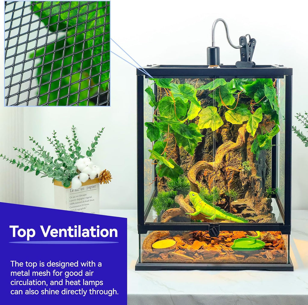 Full Glass Panoramic Vivarium for Crested Gecko Tank, Snake Enclosure, Reptile Cage with Front Door, Enhanced Ventilation & Concealed Wiring Holes 12.6" L x 12.6" W x 18" H
