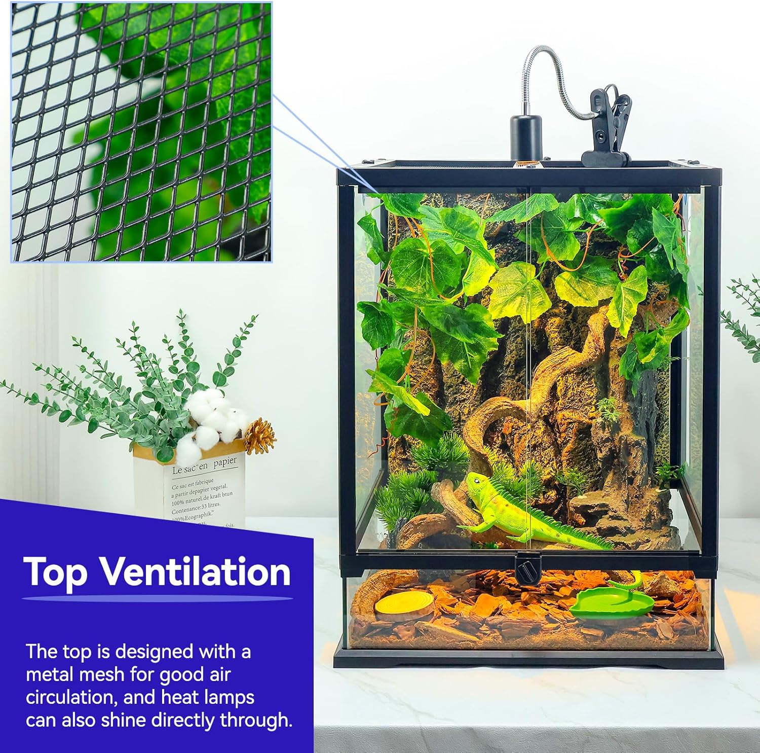 Full Glass Panoramic Vivarium for Crested Gecko Tank, Snake Enclosure, Reptile Cage with Front Door, Enhanced Ventilation & Concealed Wiring Holes 18" W x 18" x L24 H