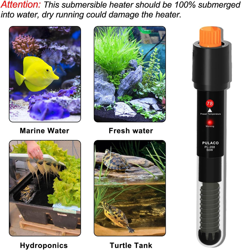 PULACO 50Watt Aquarium Heater for 5-10 Gallon Fish Tank, Adjustable Submersible Heater Thermostat with Thermometer Strip and Suction Cup