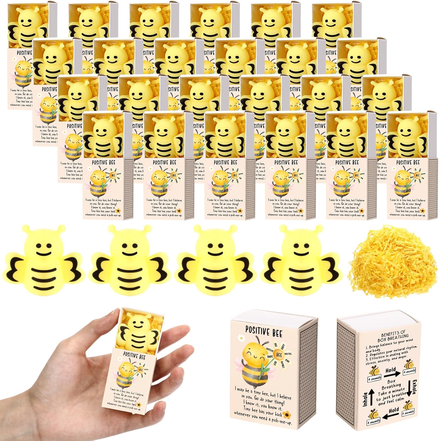 Wettarn 24 Sets Bee Gifts Positive Cute Stress Balls with Support Gift Boxes Inspirational Party Favors for Employee Coworker Friends Office Stress Relief Toys