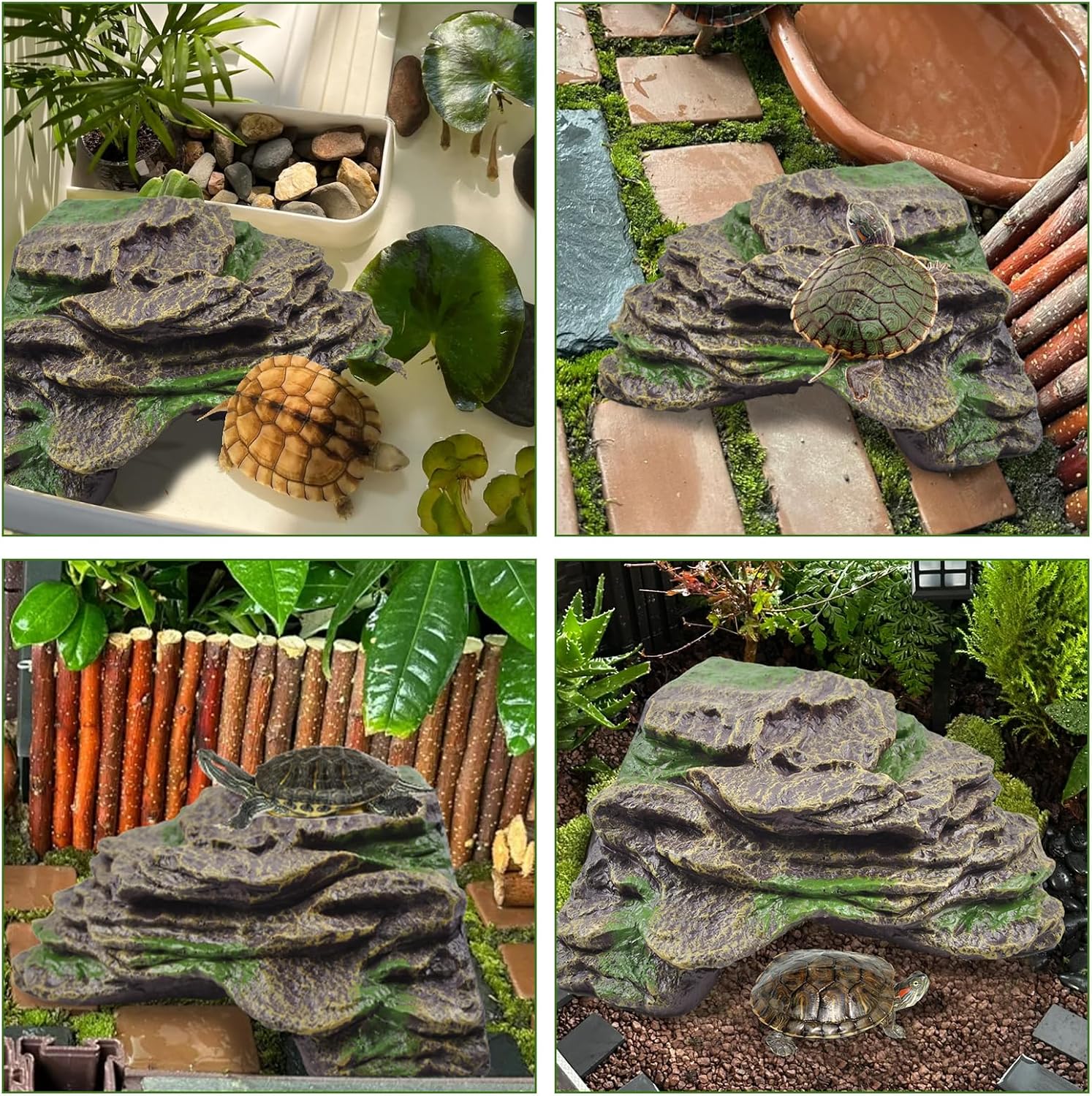 PINVNBY Resin Turtle Basking Platform with 2 Pcs Suction Cups,Floating Dock for Turtles,Tortoise Climbing Ramp Shale - Ideal for Aquatic Turtles,Stable & Durable,Easy to Install(Green Brown L)