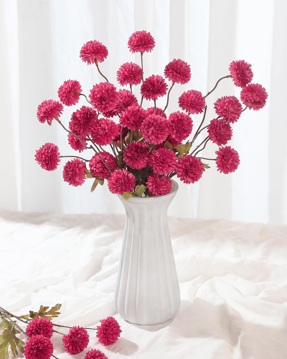 DuHouse 6pcs Artificial Flowers Faux Silk Pompon Mum,Silk Small Mini Chrysanthemum Ball with Stems for DIY Wedding Bouquets Centerpieces Vase Home Table Kitchen Decorations(Hot Pink)