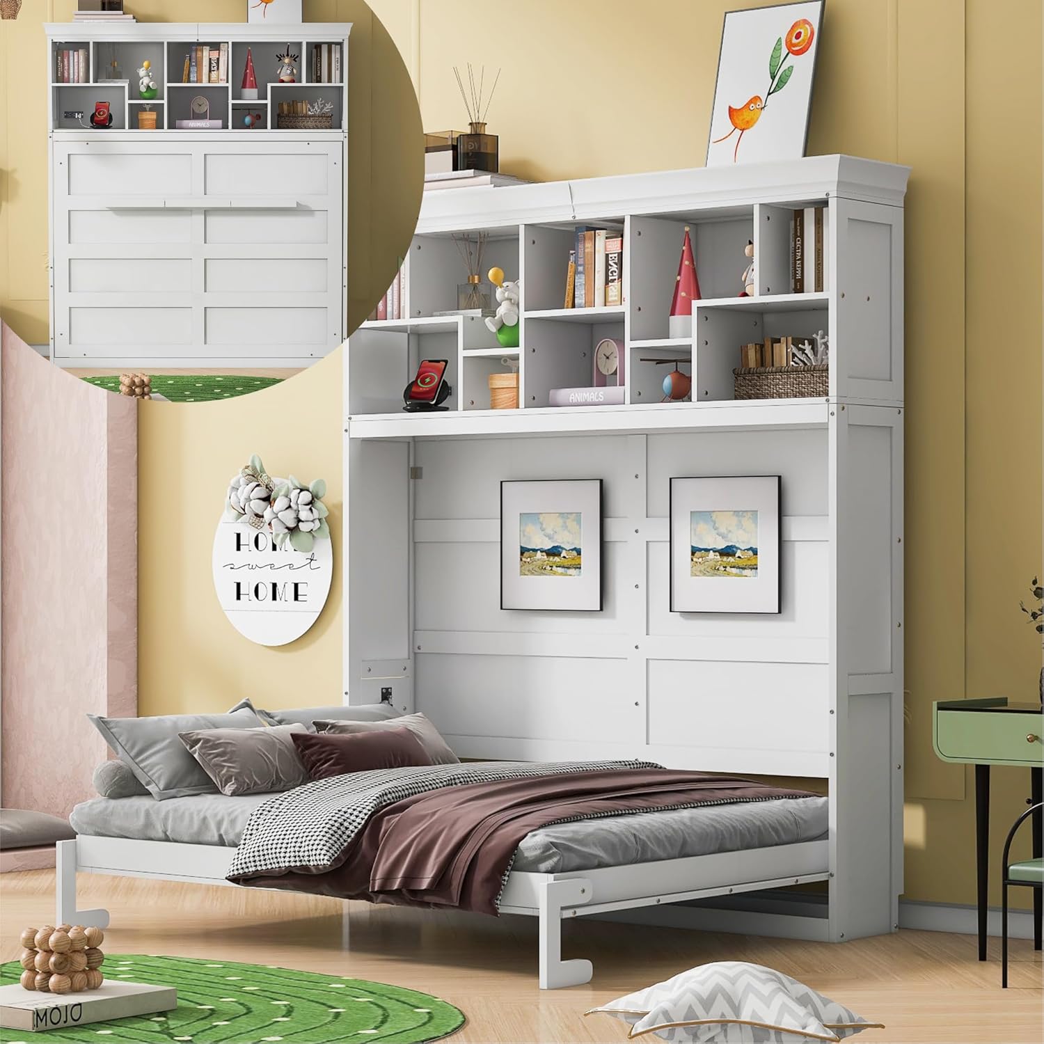 Merax Modern Farmhouse Solid Wood Murphy Cabinet Bed with Top Shelves & USB Charging, Tall Wall Platform Bed No Box Spring Needed/Easy Assemble Queen,White