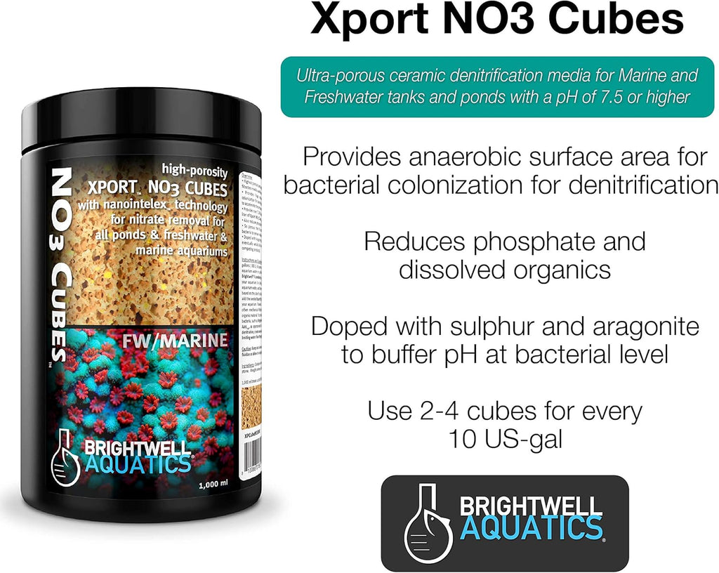 Brightwell Aquatics Xport-NO3 Cubes - ½” Cubes, Sulfur Doped, Activated Denitrification Media, 20-L, Model Number: XPCubeN20L