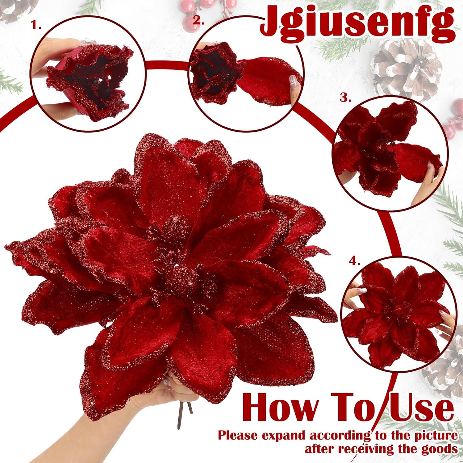 8 Pcs Large Christmas Flower Magnolia Flowers Christmas Tree Decoration Artificial Poinsettia Stems Velvet Xmas Ornaments for Xmas Tree Table Decor(Burgundy,12 Inch)