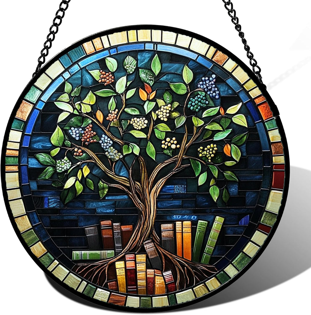 Stained Glass Window Hanging Green Life Tree Berry Book 9.8" - Blue Suncatcher Door Garden Sun Catcher Home Decor Birthday Christmas for Mom Men Woman Nana Friend