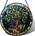 Stained Glass Window Hanging Green Life Tree Berry Book 9.8" - Blue Suncatcher Door Garden Sun Catcher Home Decor Birthday Christmas for Mom Men Woman Nana Friend