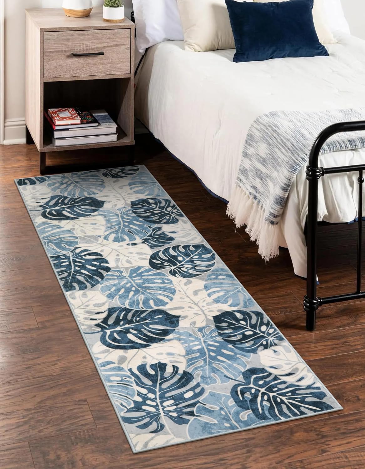 Wonnitar Monstera Leaf 2x6 Kitchen Rug Runner, Washable Blue Runner Rugs for Hallway, Non-Slip Tropical Plant Entryway Long Carpet Low Pile Accent Mat for Bedroom Bathroom Entrance