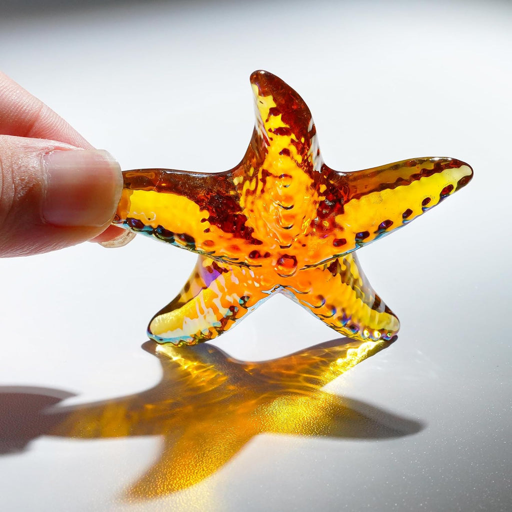 H&D HYALINE & DORA Amber Blown Glass Starfish Figurine Miniature Ocean Animals Collectible Figurine Tiny Glass Starfish for Tables, Desks Home Decor