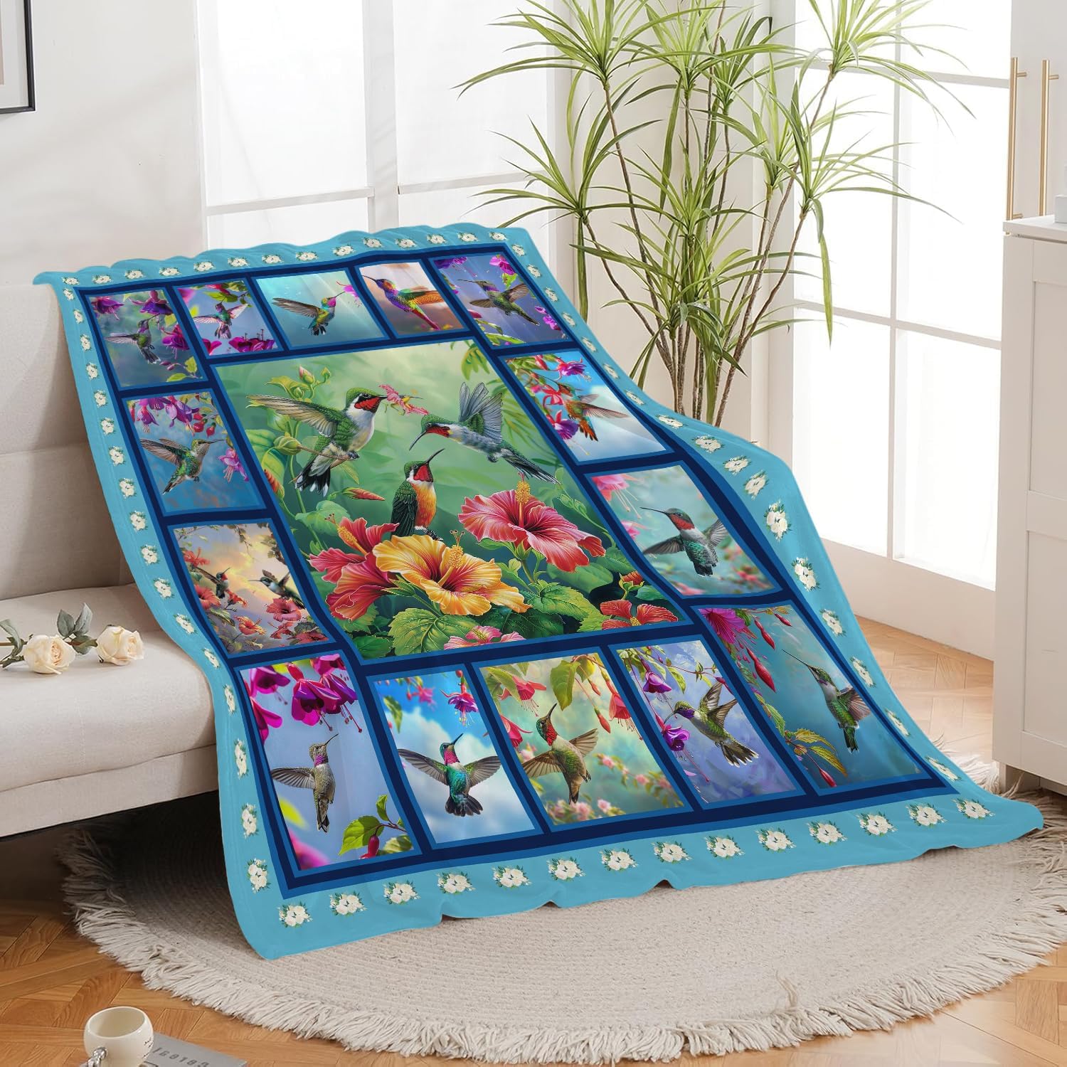 Hummingbird Blanket Hummingbird Throw Blanket Flower Floral Flannel Stuff Merch Cozy Decor Fleece Plush Fuzzy Warm Soft Lightweight Bedding Gifts for Girls Women Men Boy Couch Sofa 60"X50"