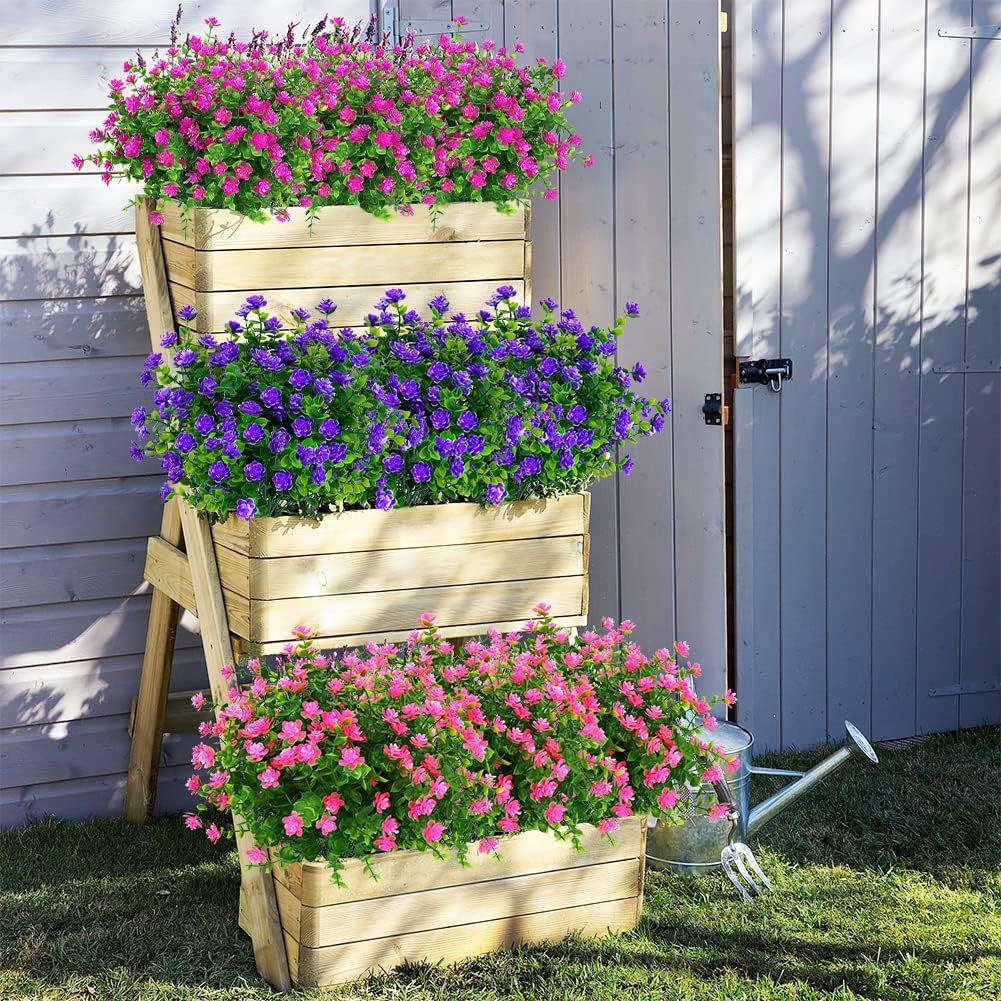 12 Bundles Outdoor Artificial Flowers UV Resistant Fake Boxwood Plants, Faux Greenery for Indoor Outside Hanging Plants Garden Porch Window Box Home Wedding Farmhouse Décor (Pink)