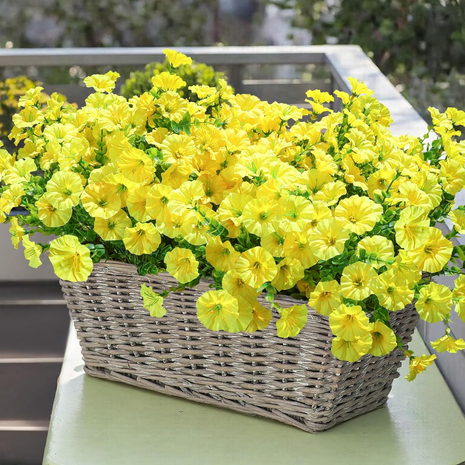 Artificial Flowers Fake Plants for Outdoors Decoration, 12 Bundles Yellow Silk Morning Glory with Eucalyptus Realistic UV Resistant Faux Flowers for Outside Planter Porch Yard Patio Garden Home Indoor