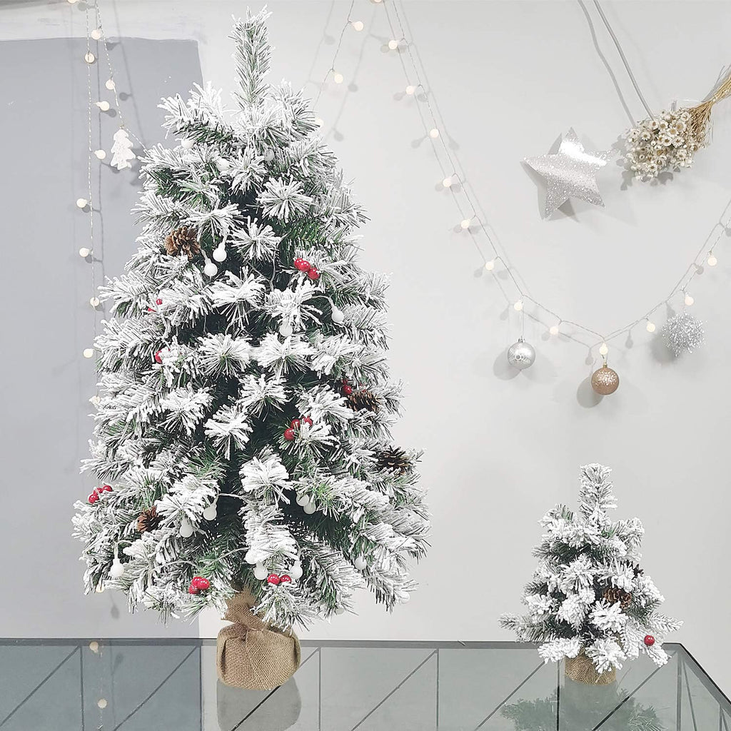 Pre-Lit Artificial Christmas Tree 3ft,Snow Flocked Xmas Pine Tree Decorated with 70 LED Lights,140 Branch Tips,7 Pine Cones,10 Red Berries Christmas Snow Tree for Desktop,Battery Powered