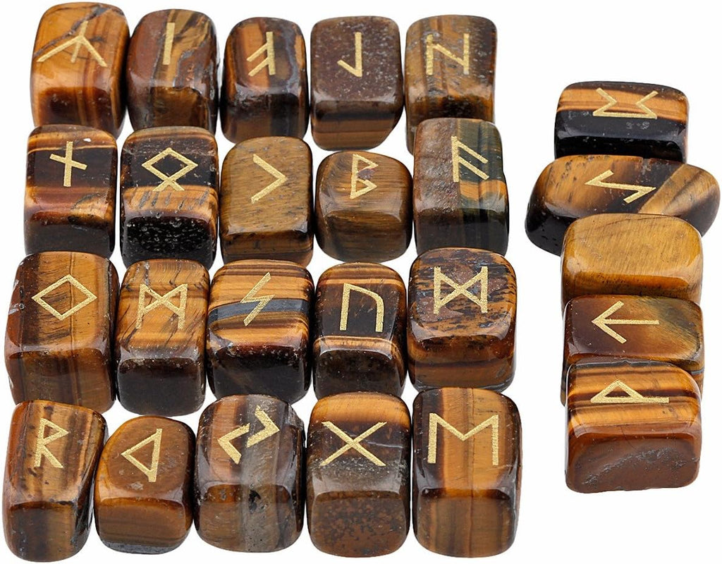rockcloud Tiger's Eye Rune Stones Tumbled Engraved Lettering Crystal Set for Wicca Crystals Healing Chakra Reiki