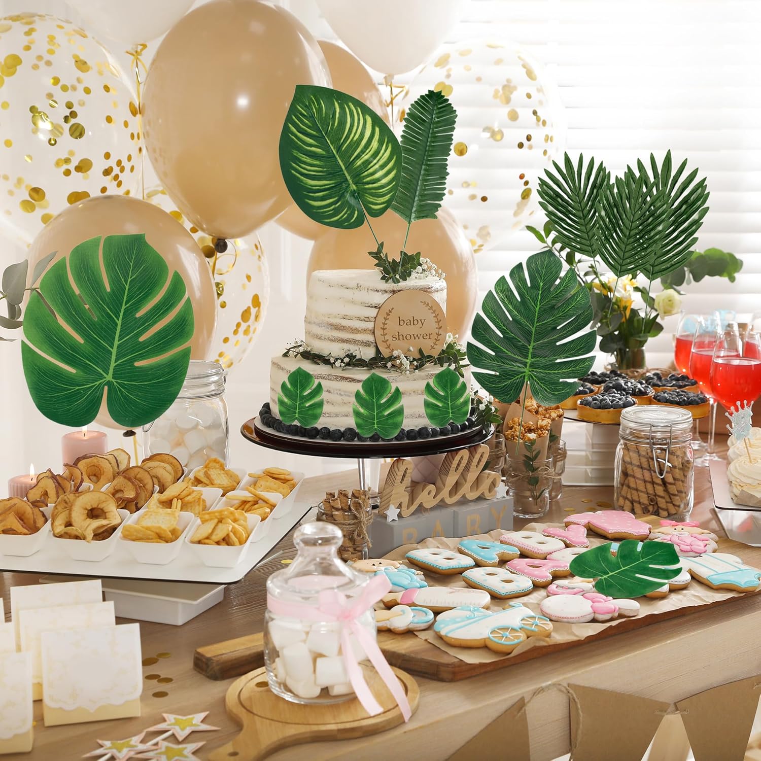 Sggvecsy 56 Pieces 7 Kinds Artificial Tropical Palm Leaves Tropical Leaves Monstera Leaves Safari Jungle Leaf with Stems for Hawaiian Luau Party Beach Table Wedding Shower Birthday Theme Decorations