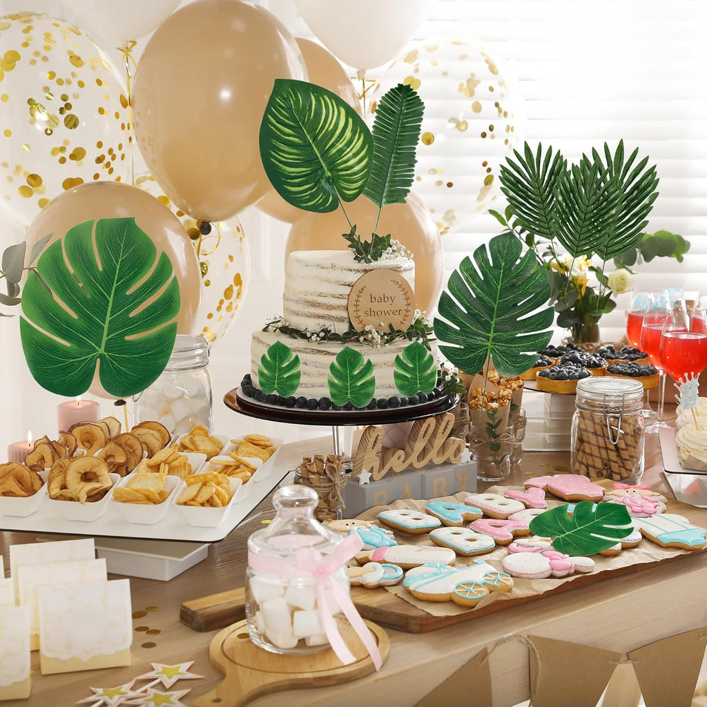Sggvecsy 34 Pieces 6 Kinds Artificial Tropical Palm Leaves Tropical Leaves Monstera Leaves Safari Jungle Leaf with Stems for Hawaiian Luau Party Beach Table Wedding Shower Birthday Theme Decorations