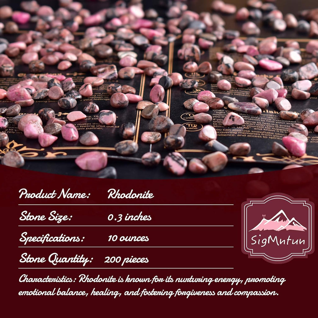 Polished Rhodonite Crystal Chips 200 Pcs - 0.3" 10 oz Tumbled Stone Chips Crushed Sea Glass Stones Healing Reiki Crystal Making Home Decoration