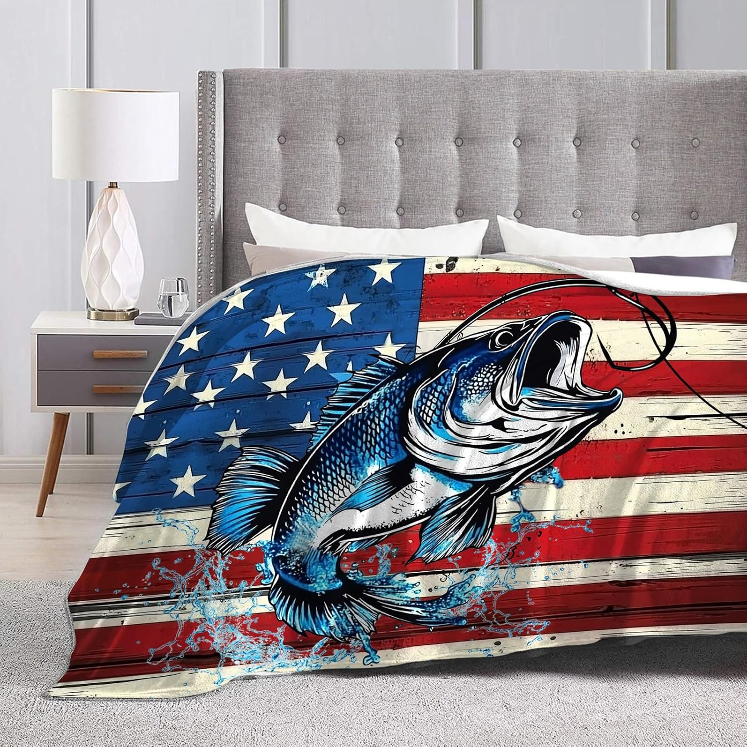 Bass Fish Blanket American Flag Fishing Throw Blankets Gifts for Girls Boys Kids Fishing Lover Soft Cozy Fleece Plush for Couch Sofa Bed 80"x60"