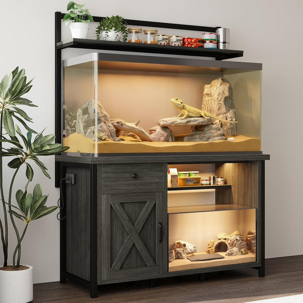 Reptile Tank Stand with Power Outlet, Terrarium Stand with Storage Cabinet, 49" X 20" Tabletop, Aquarium Stand with LED Lights, Reptile Terrarium,Turtle Tank (Gray)