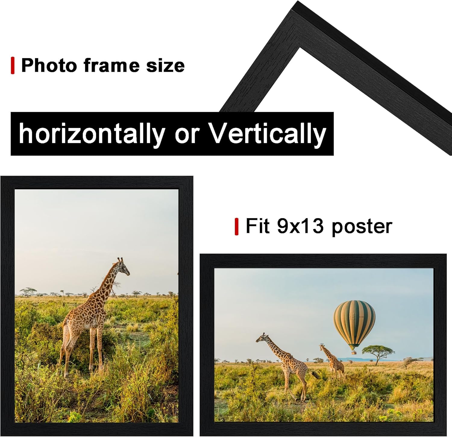 9 x13 Picture Frame Set of 5, 9 x13 Black Wooden Frame Wall Gallery Poster Photo frame with Shatter Resistant Plexiglass,Horizontal and Vertical Formats for Wall Hanging, best gift