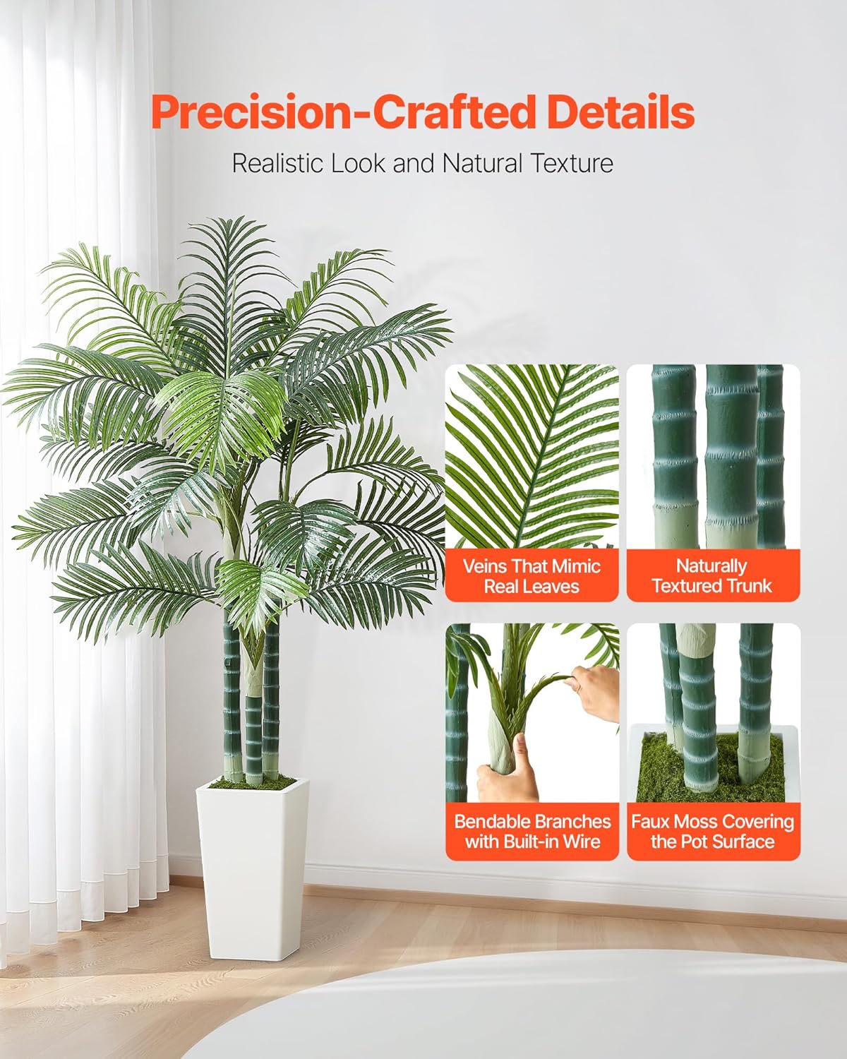 VEVOR Artificial Areca Palm Tree 6 ft, Fake Palm Tropical Plants with White Tall Planter, Faux Floor Silk Plant in Pot, Large Trees for Home Office Living Room Decor House Warming, Indoor Outdoor
